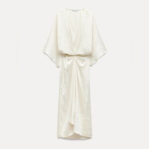 ZARA CRINKLE EFFECT V NECK MIDI DRESS ZW COLLECTION KAFTAN Off White Ecru M